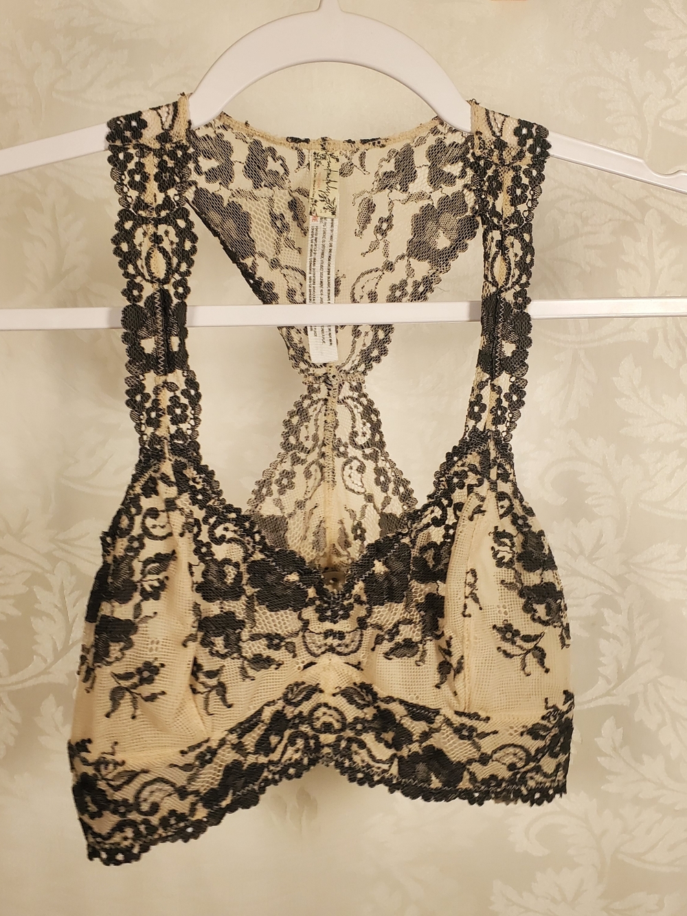 Free People Black Lace Overlay Racerback Bralette on Cream - Picture 4 of 6